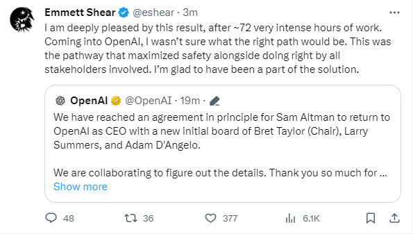 Sam Altman重返OpenAI担任首席执行官